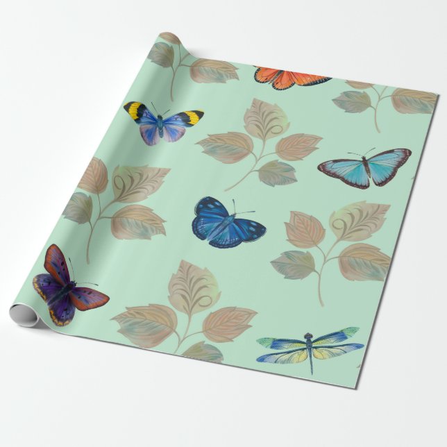 Papier Cadeau Motif sans couture avec papillons et branches bril (Déroulé)