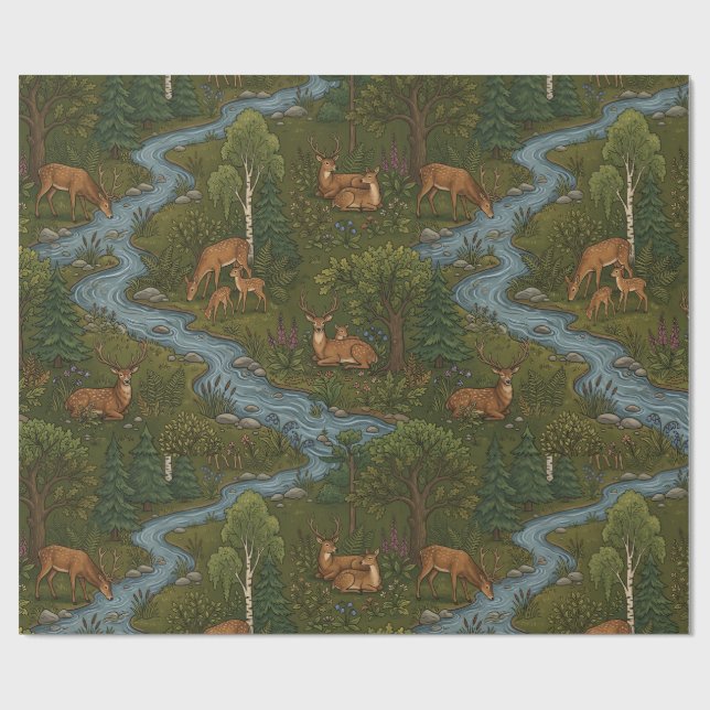 Papier Cadeau Motif sans couture de cerfs de forêt de bois (Plat)