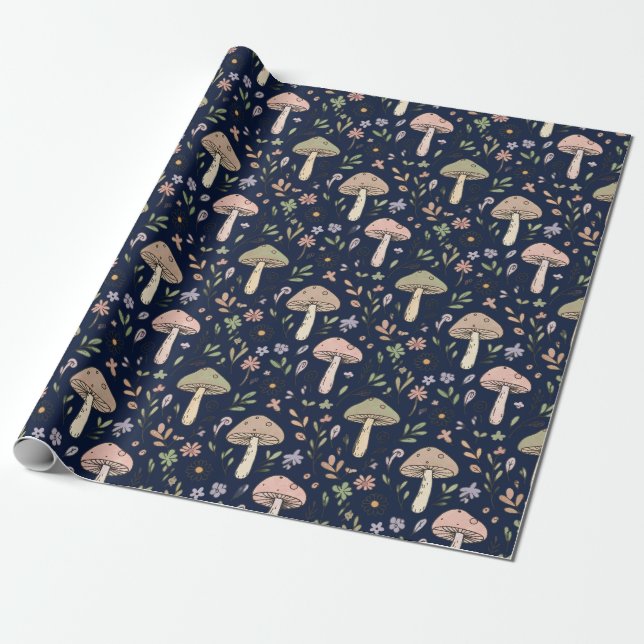 Papier Cadeau Motif sans couture de champignons Navy foncé lunat (Déroulé)