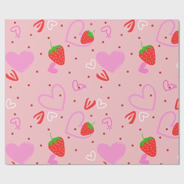 Papier Cadeau Motif sans couture de fraises et de cœurs mignons (Plat)
