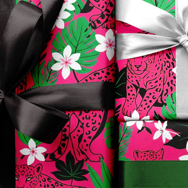 Papier Cadeau Motif sans couture de léopard tropical jungle rose (Créateur téléchargé)