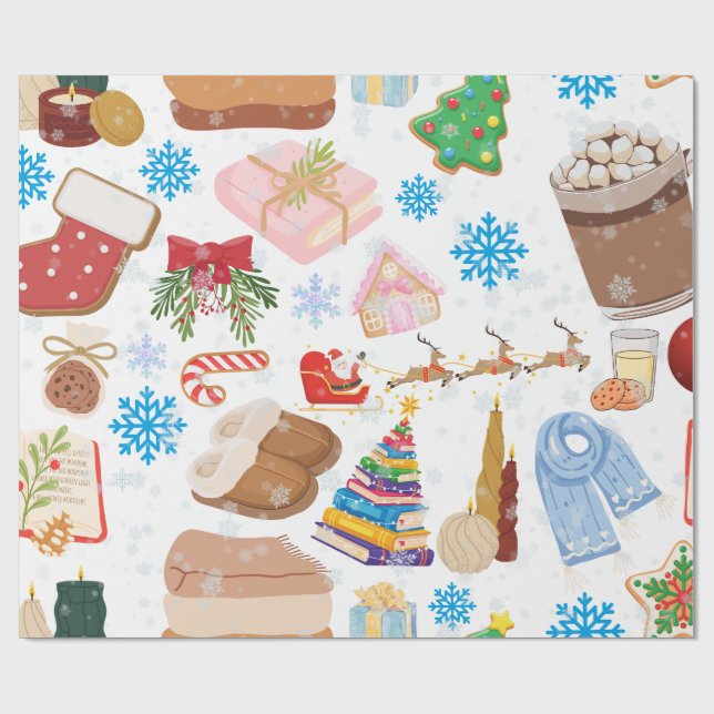 Papier Cadeau Motif sans couture de Noël cosy – Chat de vacances (Plat)