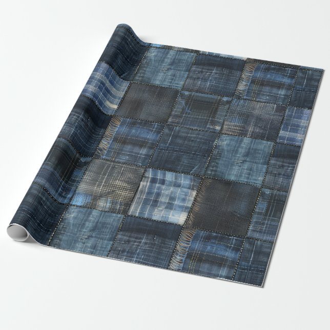 Papier Cadeau Motif sans couture de patchwork en denim indigo (Déroulé)