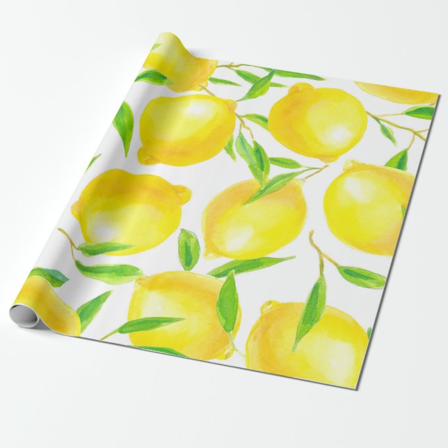 Papier Cadeau Motif sans couture en citrons d'aquarelle et lea (Déroulé)