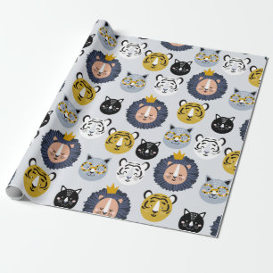 Papier Cadeau Motif sans couture enfant avec lions dessinés à