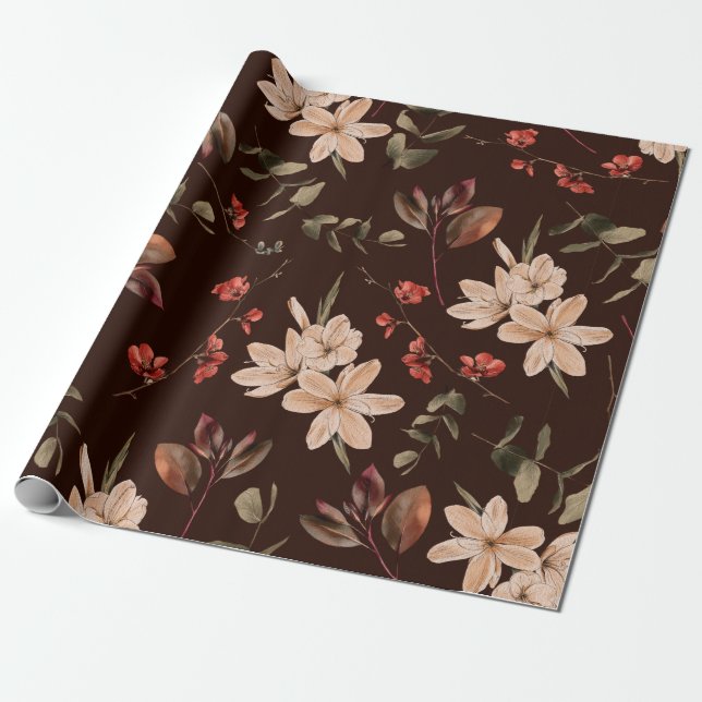 Papier Cadeau Motif sans couture fleurie bohème avec brun foncé  (Déroulé)