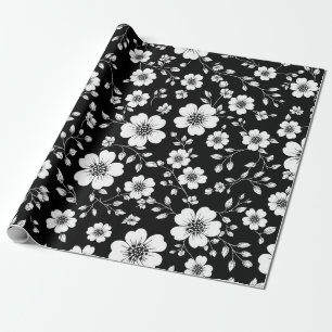 Papier Cadeau Motif sans couture floral vintage noir et blanc (1
