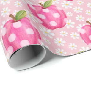 Papier Cadeau Motif sans couture Pomme et Marguerite à pois rose