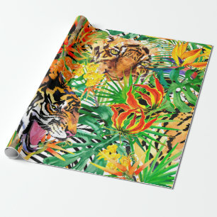 Papier Cadeau motif sans couture tropicale avec tigre. aquarelle