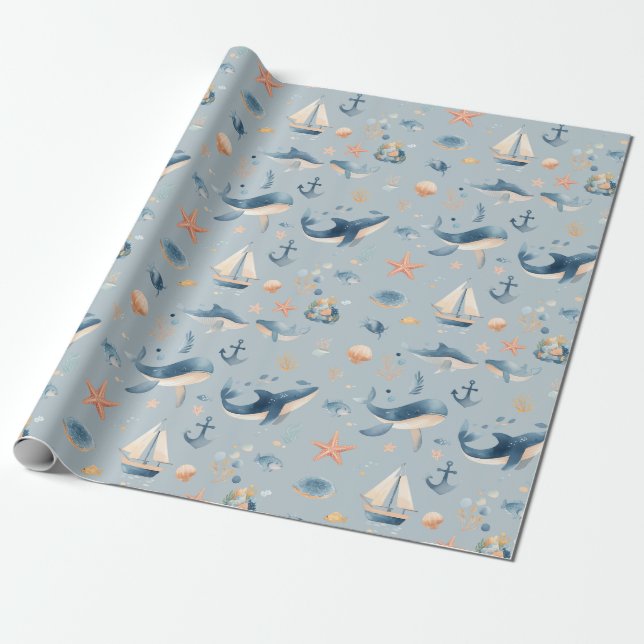 Papier Cadeau Motif sans fin de dauphin à l'aquarelle (Déroulé)