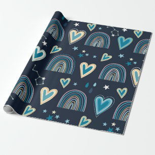 Papier Cadeau Motif sans joint avec le coeur, arc-en-ciel et cel
