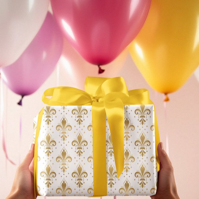 Papier Cadeau Motif sans soudure à fleur de lis or sur blanc (Créateur téléchargé)