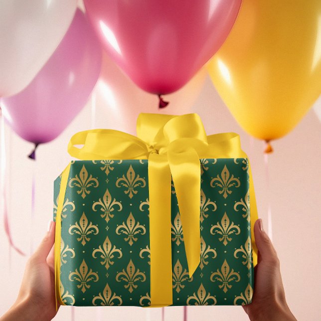 Papier Cadeau Motif sans soudure à fleur de lis or sur vert (Créateur téléchargé)