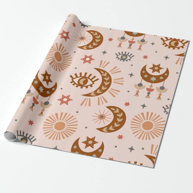 Papier Cadeau motif sans soudure avec oeil céleste, lune, soleil (Déroulé)