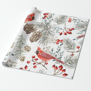 Papier Cadeau Motif sans soudure de Noël, oiseaux cardinaux, ro