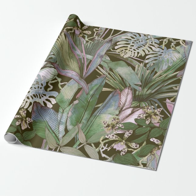 Papier Cadeau Motif sans soudure tropicale avec fleurs tropicale (Déroulé)