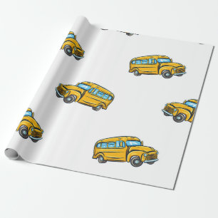 Papier Cadeau motif sans soudure vintage avec autobus scolaire. 