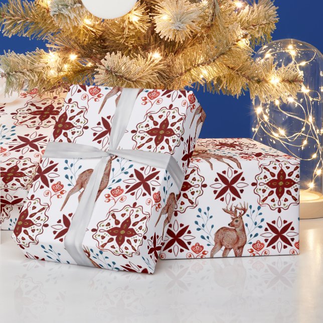 Papier Cadeau Motif scandinave de cerfs et de kaléidoscope (Vacances)