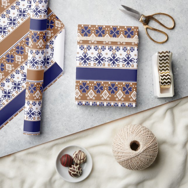 Papier Cadeau Motif scandinave rayé brun bleu (Artisanat)