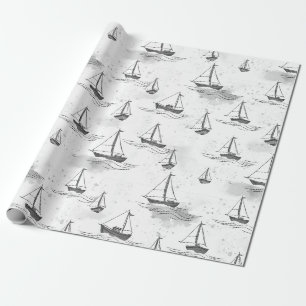 Papier Cadeau Motif Serene Black White Voiliers sur mer