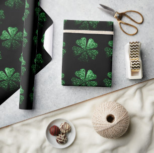 Papier Cadeau Motif Shamrock brillant vert foncé sur noir
