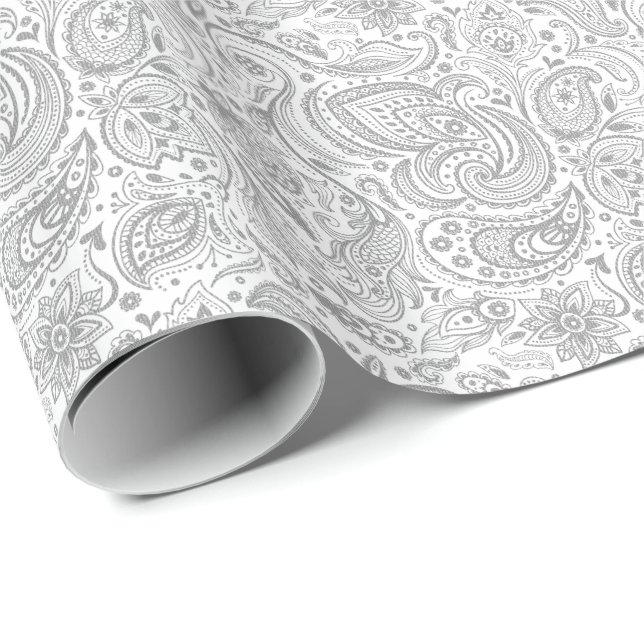 Papier Cadeau Motif Silver Grey Et Blanc Floral Paisley (Coin rond)