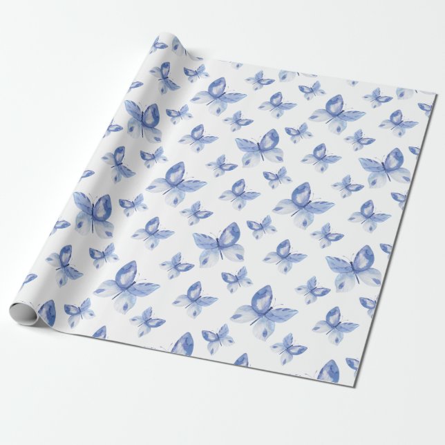 Papier Cadeau Motif simple à papillon bleu Watercolor (Déroulé)