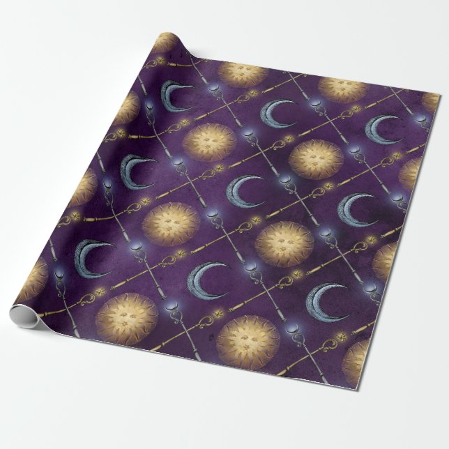 Papier Cadeau Motif soleil et lune sur violet (Déroulé)
