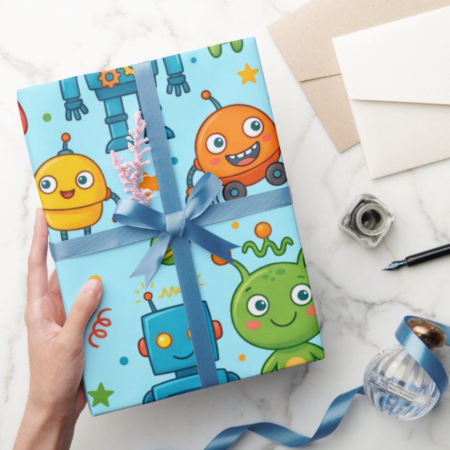 Papier Cadeau Motif spatial d'aliens et de robots mignons (Cadeaux)