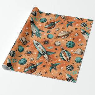 Papier Cadeau Motif spatial de fusée rétro Terracotta sarcelle