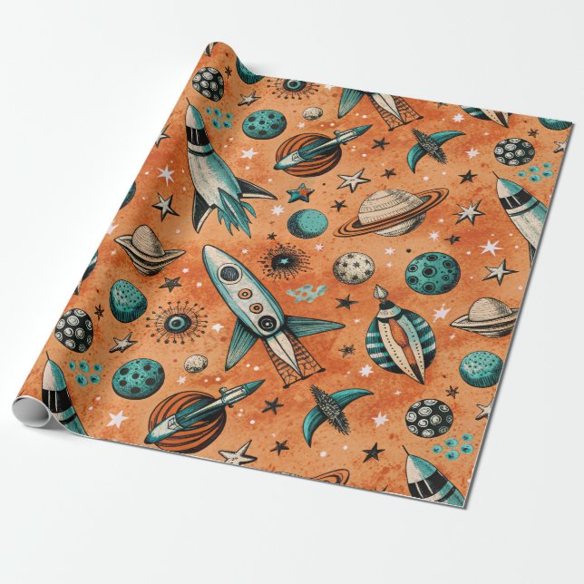 Papier Cadeau Motif spatial de fusée rétro Terracotta sarcelle (Déroulé)