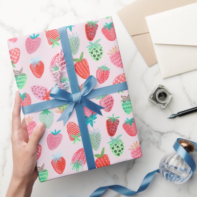 Papier Cadeau Motif sucré à la fraise rose (Cadeaux)