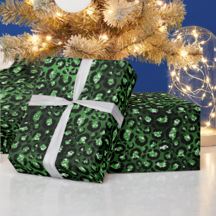 Papier Cadeau Motif Taches de Léopard Pailleté Vert Glamour