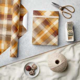 Papier Cadeau Motif Tartan Châtaigne Jaune Chaud