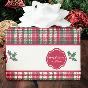 Papier Cadeau Motif tartan et houx Noël personnalisé 