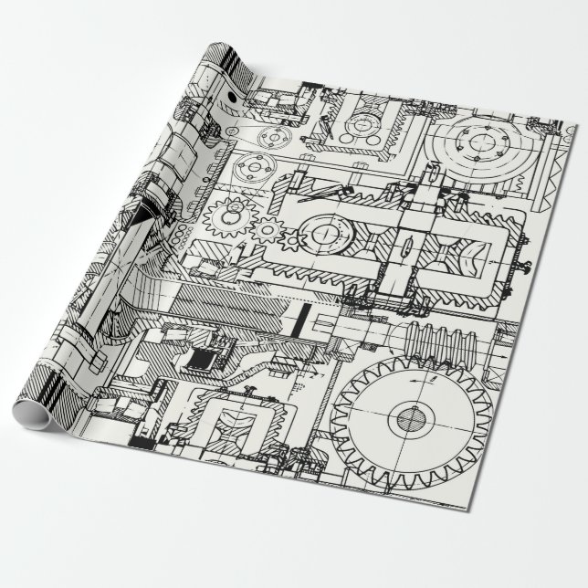 Papier Cadeau Motif technique transparent avec engrenages à vis  (Déroulé)