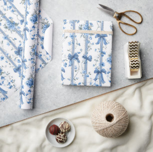 Papier Cadeau Motif Toile Coquette Rubans et Nœuds Bleus 