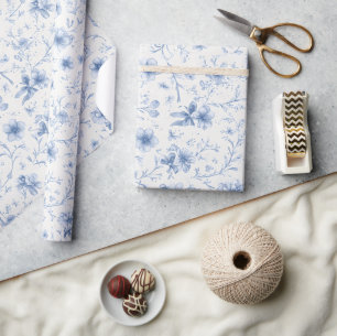 Papier Cadeau Motif Toile Coquette Rubans et Nœuds Bleus 
