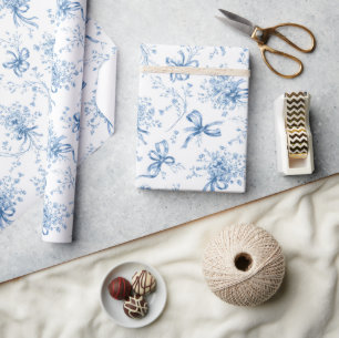 Papier Cadeau Motif Toile Coquette Rubans et Nœuds Bleus 