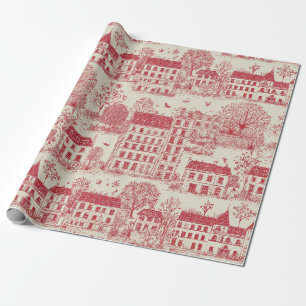 Papier Cadeau Motif Toile de Jouy Rouge Élégant de Paysage Europ