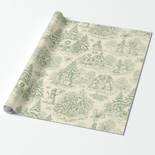 Papier Cadeau Motif Toile de Village d'Hiver Vert Doux