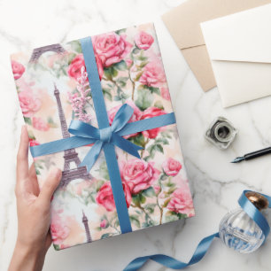 Papier Cadeau Motif Tour Eiffel, Paris Rose chic