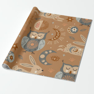Papier Cadeau motif transparent avec chouette céleste et lièvre