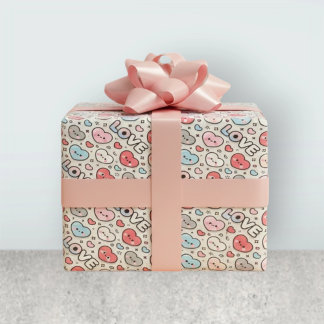 Papier Cadeau Motif transparent de cœurs souriants Kawaii Love