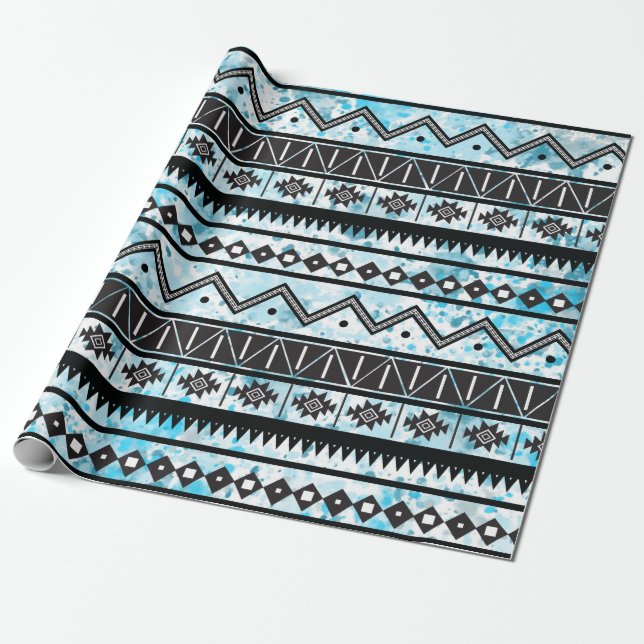 Papier Cadeau Motif tribal Aztec noir et aquarelle bleue (Déroulé)