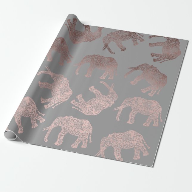 Papier Cadeau motif tribal d'éléphant d'or rose clair élégant (Déroulé)