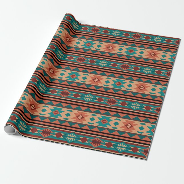 Papier Cadeau Motif Tribal Sud-Ouest Turquoise Terracotta (Déroulé)