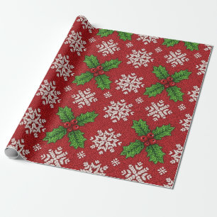 Papier Cadeau Motif tricoté flocon de neige et houx festif – Rou