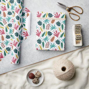 Papier Cadeau motif tropical avec feuilles colorés