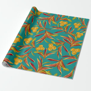 Papier Cadeau Motif tropical avec feuilles rouges et jaunes